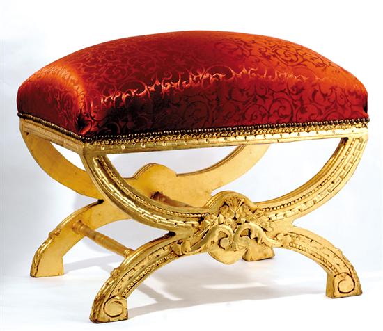 Appraisal: Classical style gilded curule stool rectangular upholstered cushion resting on