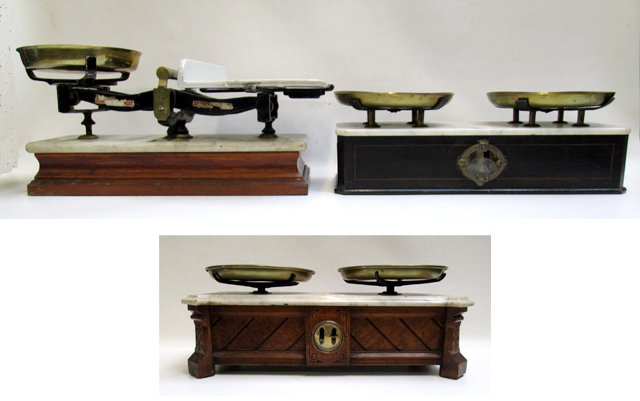 Appraisal: THREE VICTORIAN MARBLE AND WALNUT ROBERVAL SCALES European American late