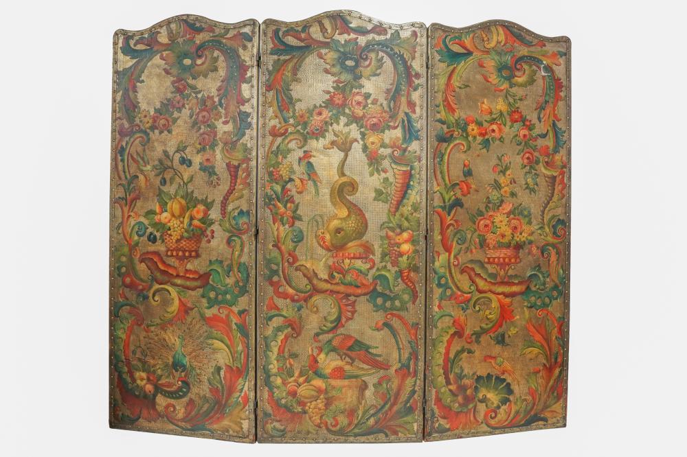 Appraisal: THREE-PANEL PAINTED LEATHER SCREENpolychrome-decorated on a geometrically patterned gilt ground