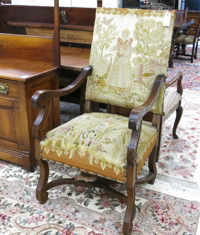 Appraisal: LOUIS XIV STYLE NEEDLEPOINT ARMCHAIR French th century of oak