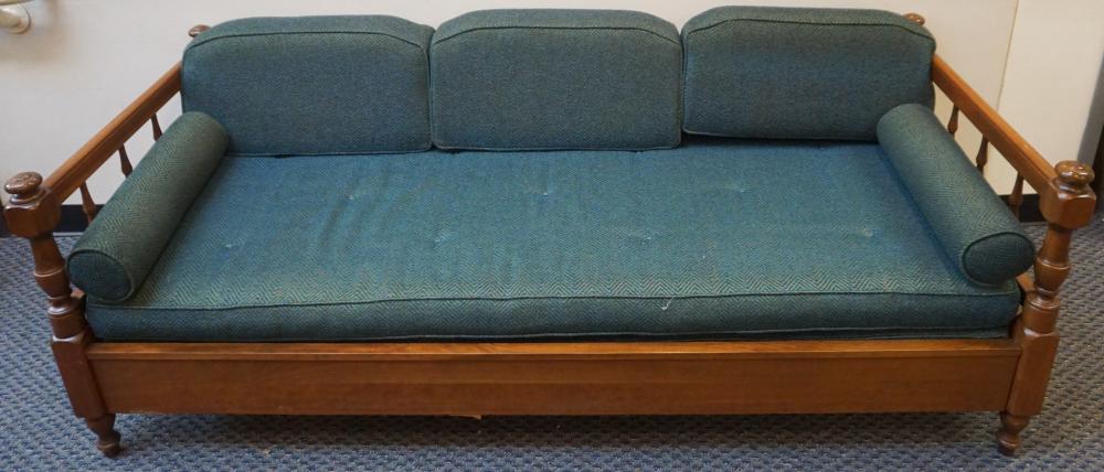 Appraisal: EARLY AMERICAN STYLE CHERRY BLUE UPHOLSTERED TRUNDLE DAYBED LENGTH IN