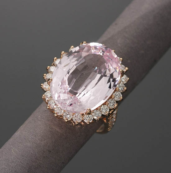 Appraisal: -Karat Rose-Gold Kunzite and Diamond Ring The four-prong mount set