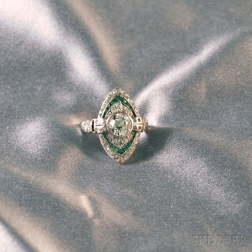 Appraisal: Art Deco Platinum Diamond and Emerald Navette Ring center stone