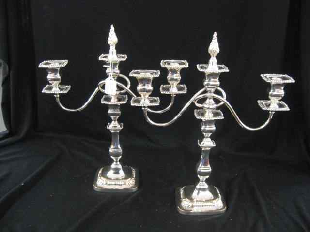 Appraisal: Pair of English Silverplate Candelabra triple light with snuffer ''