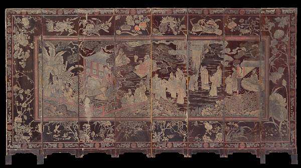 Appraisal: A small eight-panel lacquered wood coromandel folding screen Carved to