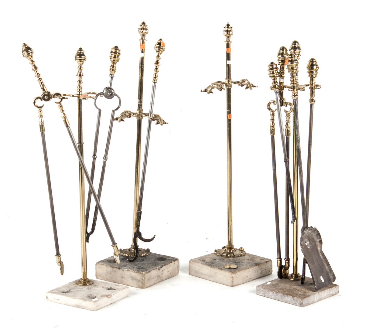 Appraisal: Two brass and marble fire tool racks with tools with