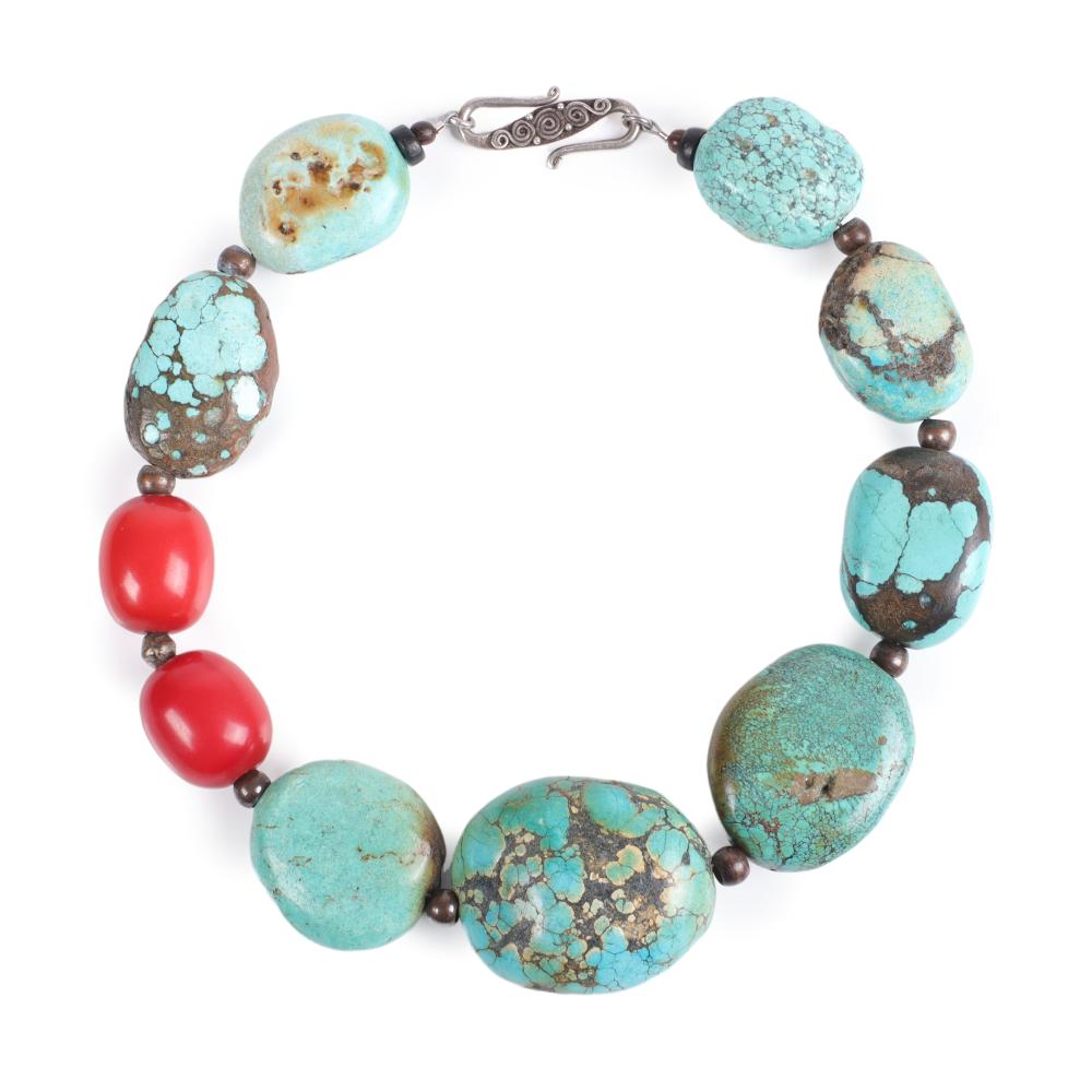 Appraisal: CHINESE TURQUOISE CHUNKY CHOKER NECKLACE WITH RED ACCENT BEADS STERLING