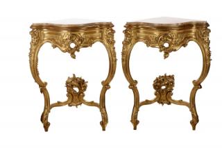 Appraisal: Pair Neoclassical Style Giltwood Marble Consoles Continental mid to late