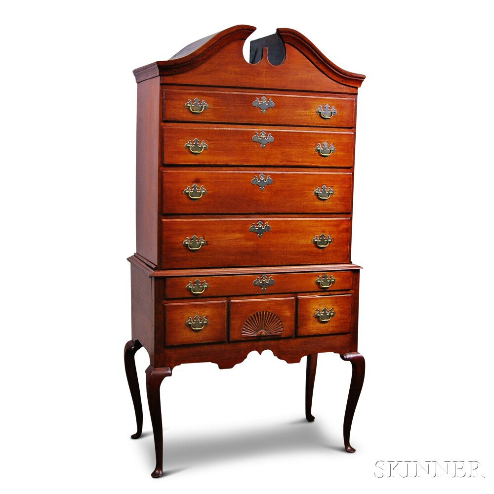 Appraisal: Queen Anne-style Carved Mahogany Bonnet-top High Chest in the Massachusetts