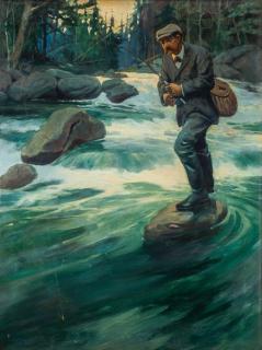 Appraisal: Oliver Kemp Fishing c oil on canvas by in Maj