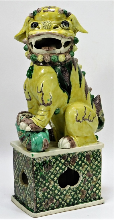 Appraisal: ANTIQUE CHINESE SANSAI GLAZE FOO DOG STATUE China Qing DynastyPolychromatic