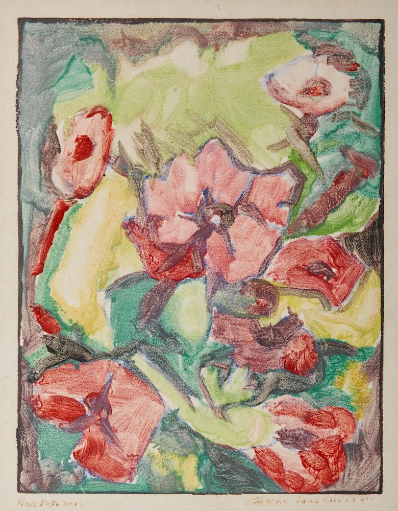 Appraisal: BLANCHE LAZZELL American - Pink Petunias monotype sight x in