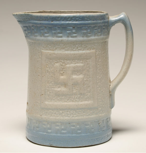 Appraisal: Blue and white stoneware saltglaze pitcher with swastika good luck