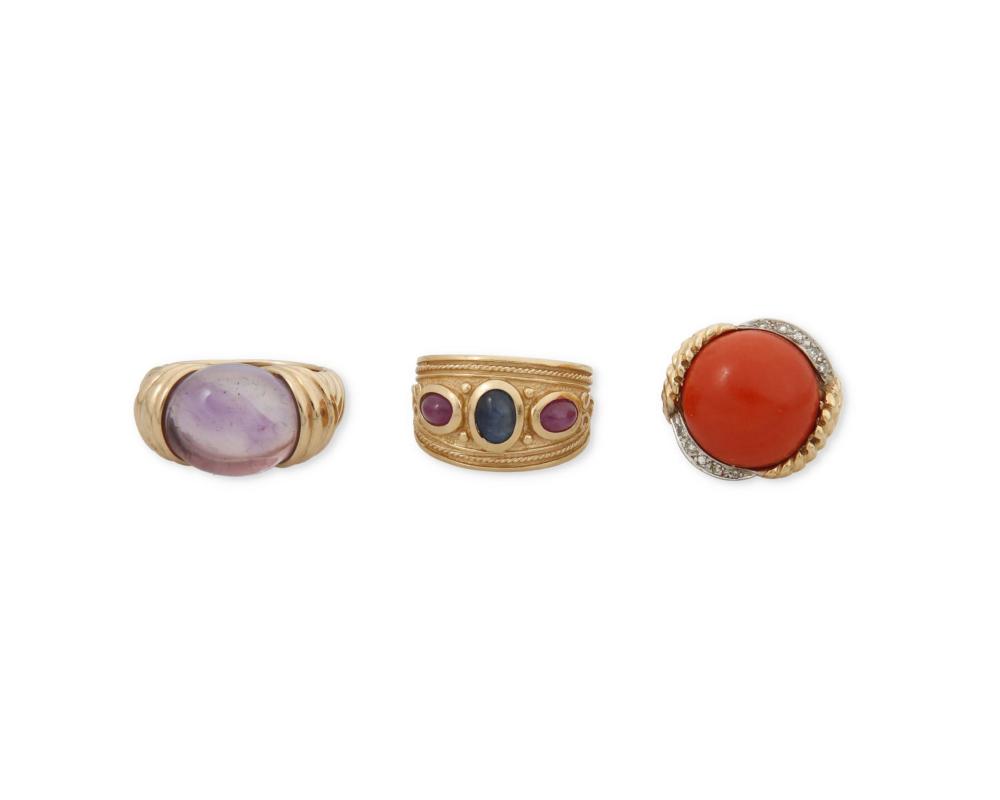 Appraisal: THREE GEMSTONE RINGSThree gemstone rings k yellow and white gold