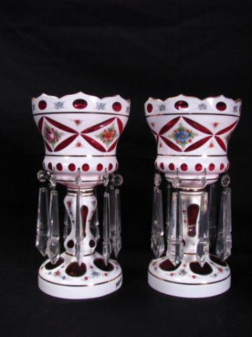 Appraisal: Pair of Victorian Cased Glass Cranberry Lusters inches tall white