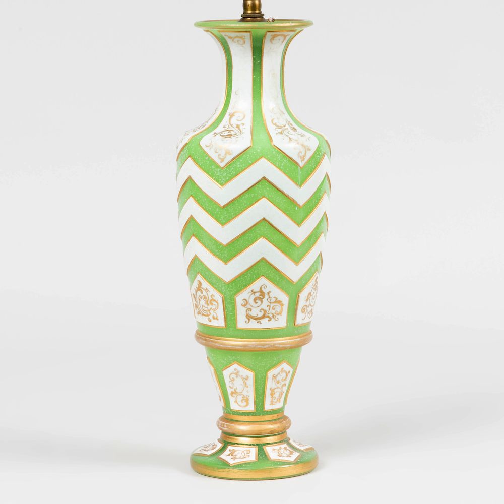 Appraisal: Continental Cased White and Green Gilt-Decorated Glass Vase Mounted as