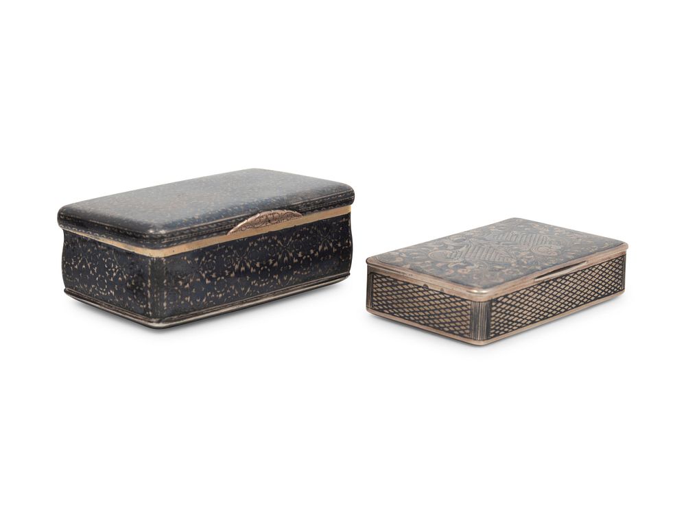 Appraisal: Two Russian Niello Silver Snuff Boxes Two Russian Niello Silver