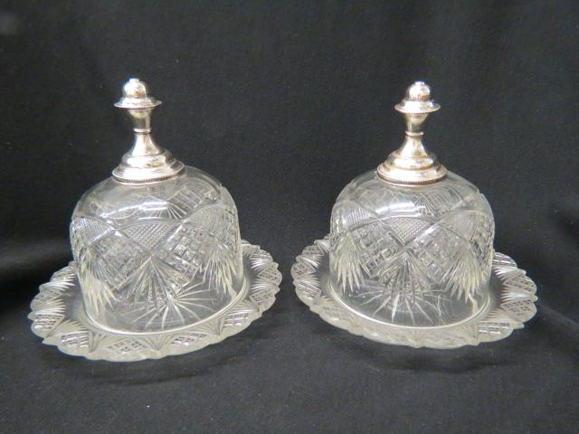 Appraisal: Pair of Cut Glass Sterling Silver Butter Dishes strawberry diamond