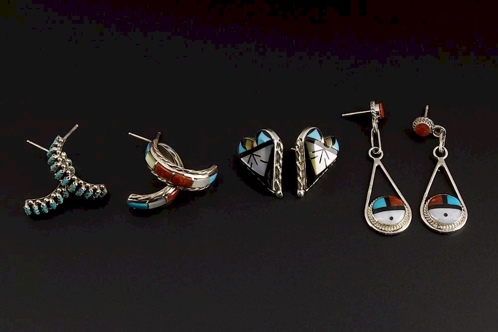 Appraisal: X Sterling Silver Zuni Earrings Four pairs of Traditional Style