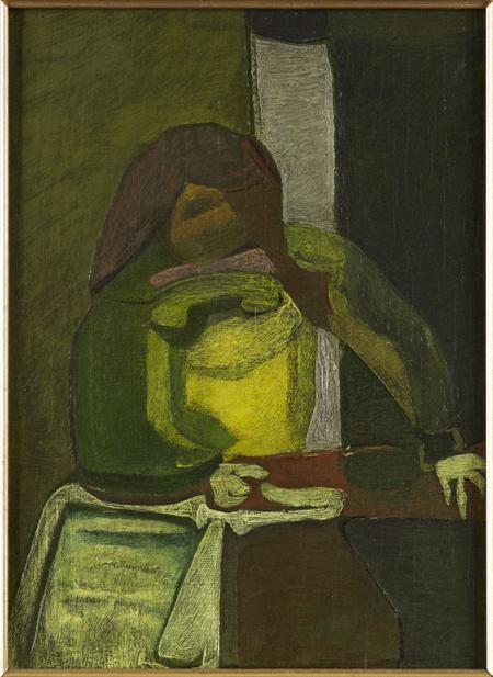 Appraisal: ROBERT COLQUHOUN SCOTTISH - WOMAN IRONING Oil on panel cm