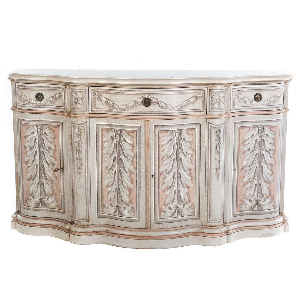 Appraisal: French Style Painted Wood Marble Top Buffet Serpentine buffet with