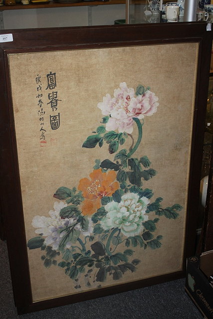 Appraisal: TWO CHINESE PAINTED SILK PANELS with flower sprays Thai Pei