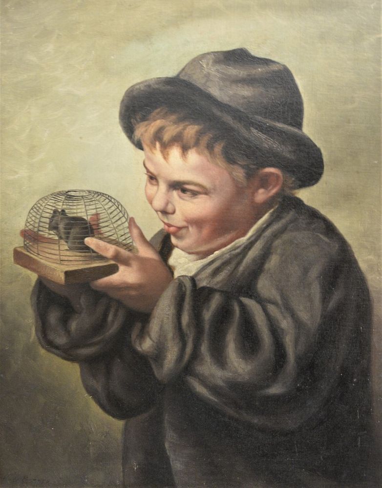 Appraisal: Hugo Possner American - boy with his pet mouse oil