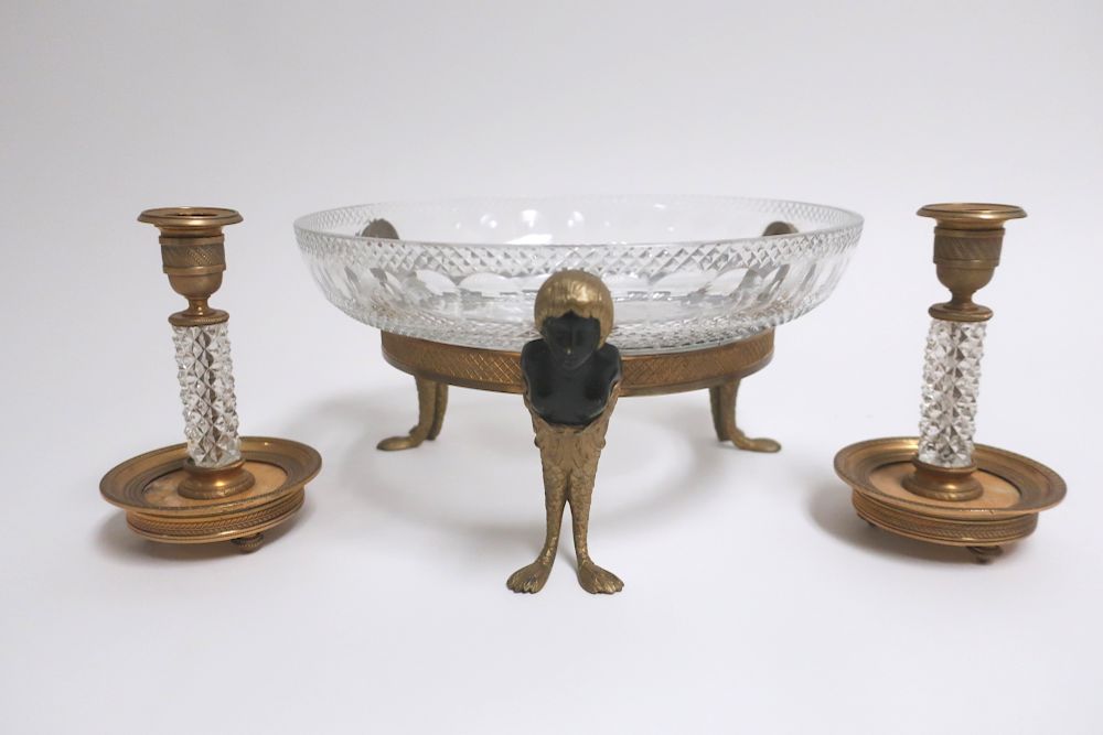 Appraisal: Ormolu Cut Glass Table Articles Pair French candlesticks with marble