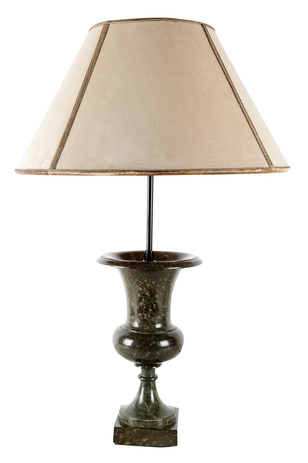 Appraisal: MARBLE URN-FORM TABLE LAMPwith twin sockets and leather-trimmed sueded shade