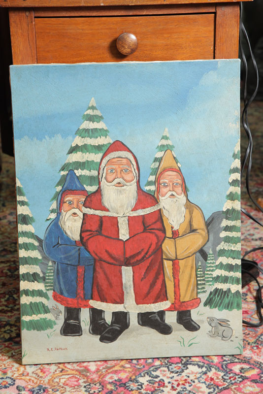 Appraisal: FOLK ART PAINTING OF THREE SANTAS By Georgia folk artist