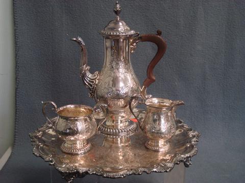 Appraisal: pc Queen Anne style engraved plated silver teaset w tray