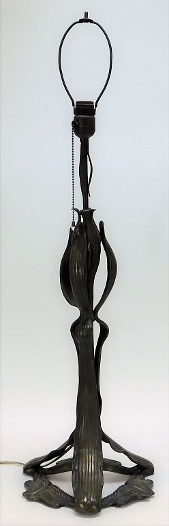 Appraisal: American Art Nouveau Patinated Cattail Table Lamp th Century Thin