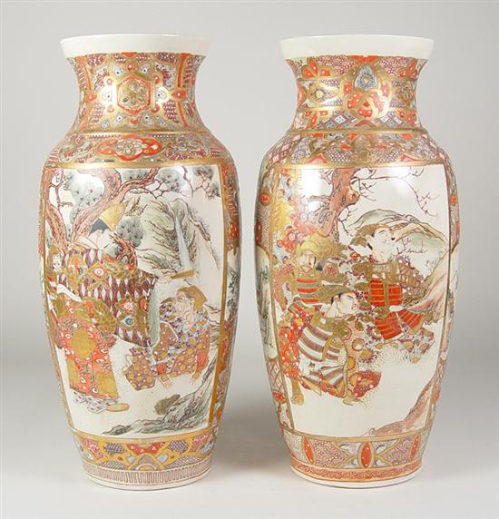 Appraisal: Pair of Large Oriental Vases Beautiful paneled artwork of Samurai