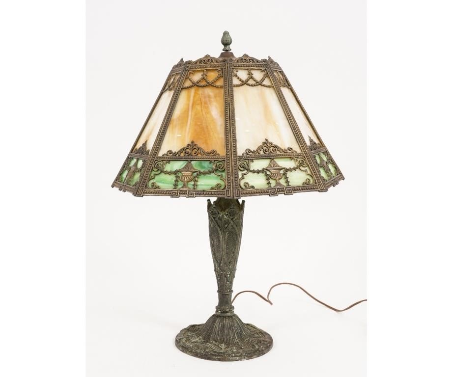 Appraisal: Salem Brothers slag glass lamp with carved urn motif and