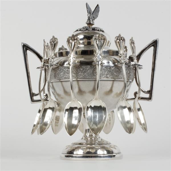 Appraisal: Middletown Plate Co silverplate covered sugar bowl with twelve Towle