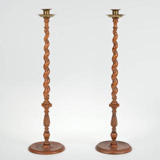 Appraisal: Pair English oak brass barley twist candlesticks th th c