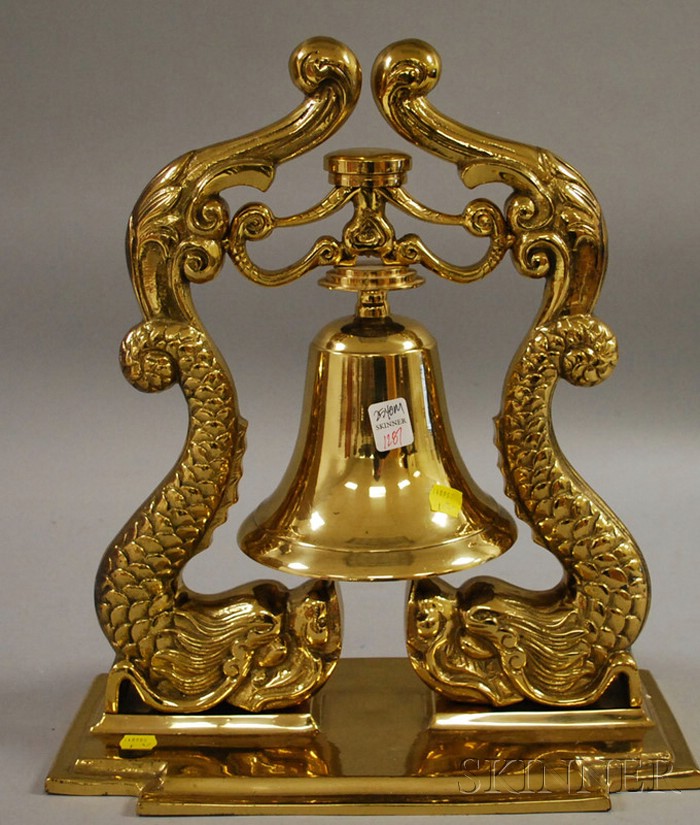 Appraisal: Cast Brass Ship's Bell with Dolphin Supports ht wd lg