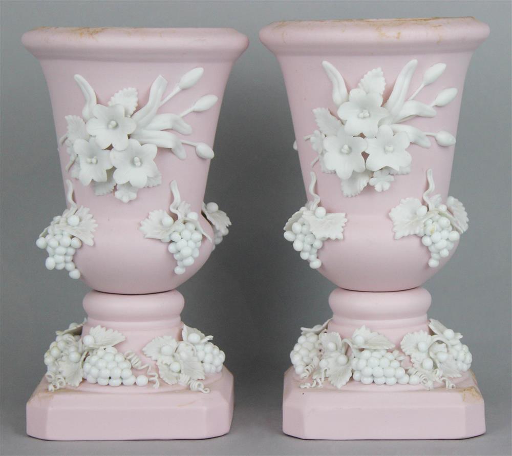 Appraisal: PAIR OF PINK BISCUIT VASES late th early th C