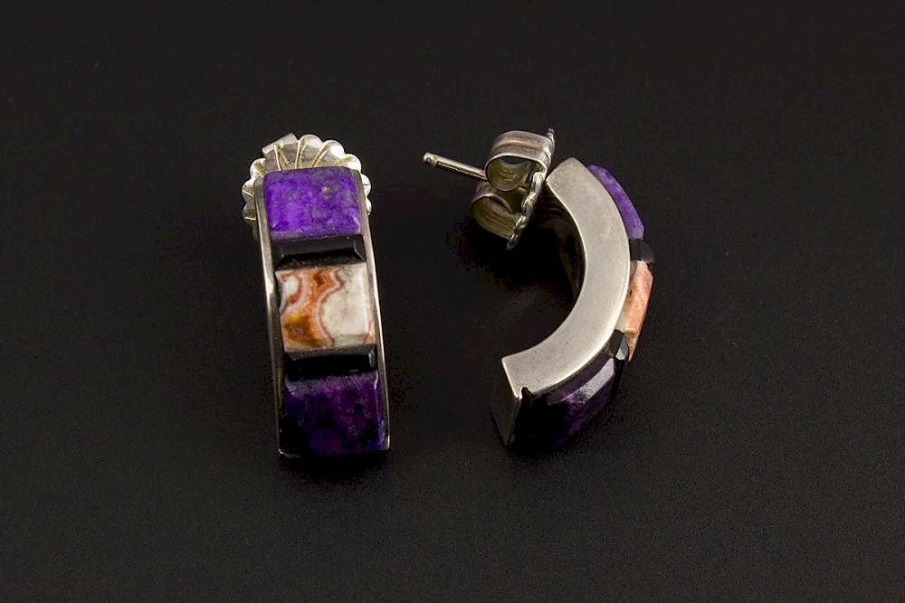 Appraisal: Cobblestone Inlay Earrings Sterling Silver Cobblestone Inlay Earrings with Sugilite