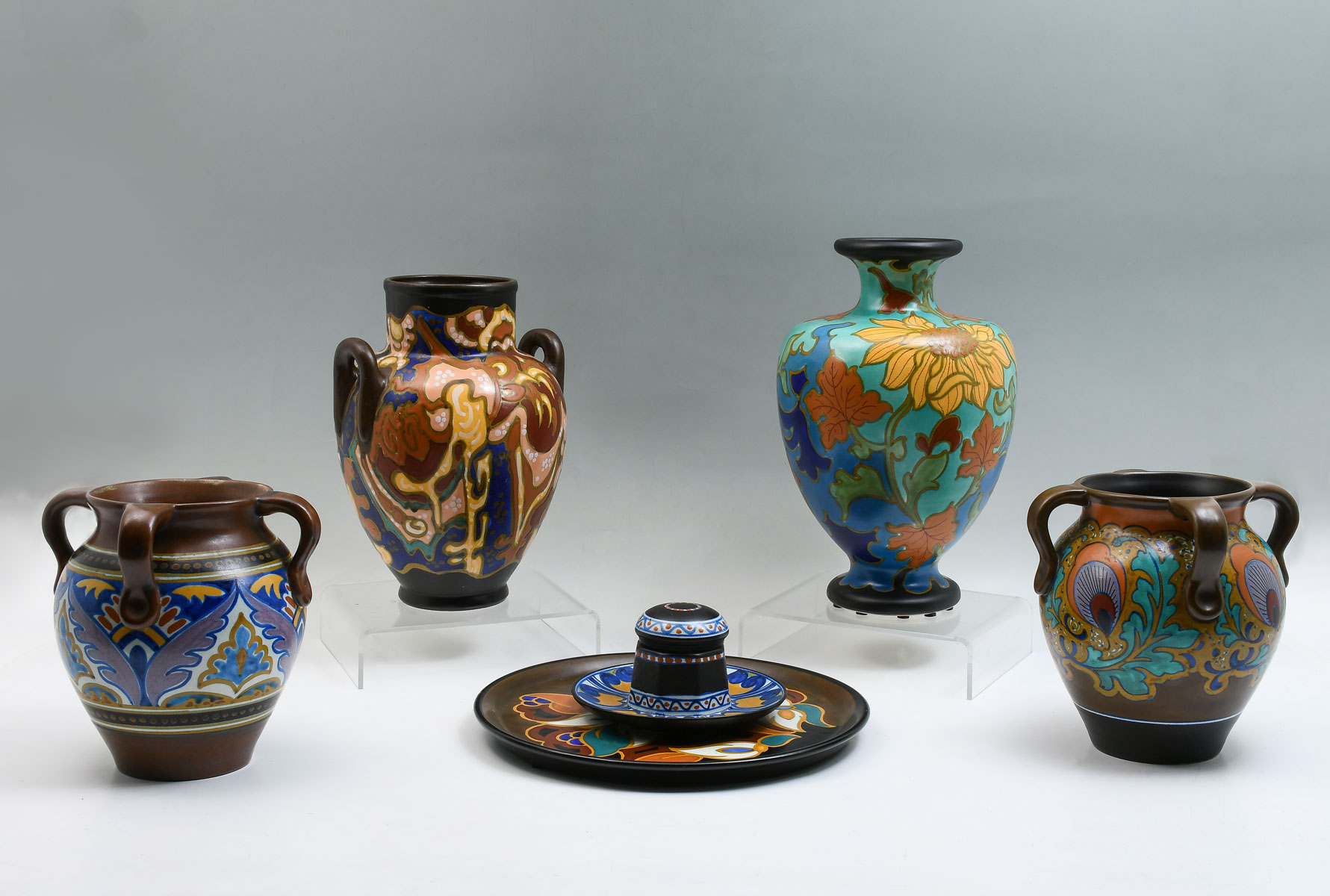 Appraisal: PC GOUDA POTTERY COLLECTION Comprising - Four handled vases -