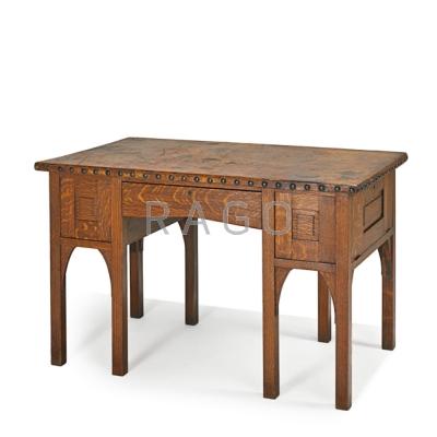 Appraisal: GUSTAV STICKLEY Rare and early library table with original leather