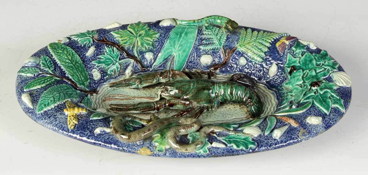 Appraisal: Majolica Dish w Lobster Shells insects salamander small repair etc