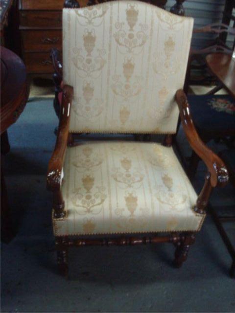 Appraisal: Walnut Arm Chair with New Upholstery and Brass Studded Embellishments