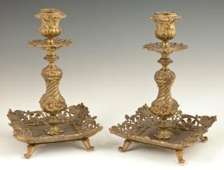 Appraisal: Pair of French Bronze Dore Candlesticks th c with relief