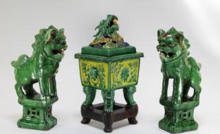 Appraisal: Chinese Sancai Glaze Foo Lions and Incense Burner CHINA TH