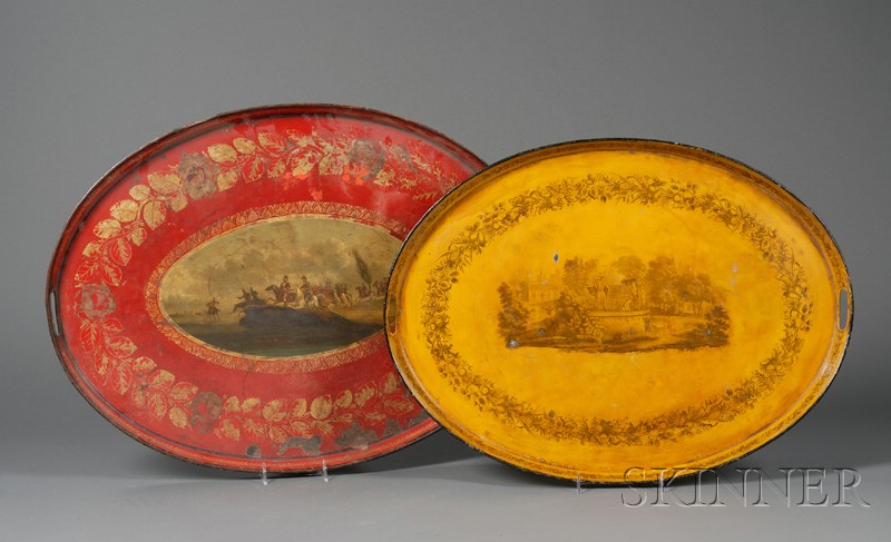 Appraisal: Two Large Oval Decorated Tin Trays th century one painted