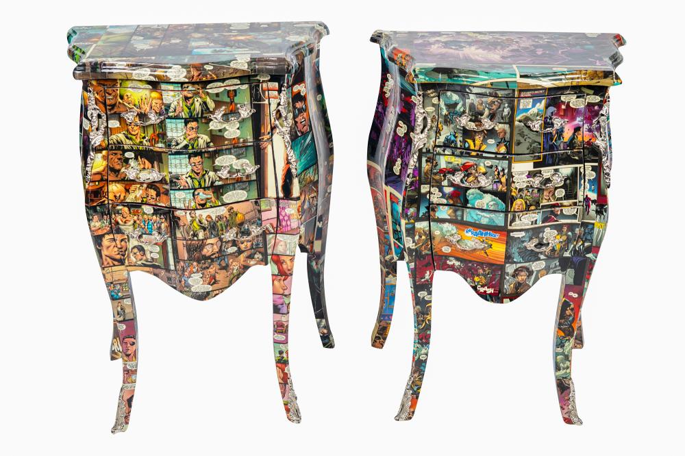 Appraisal: PAIR OF DECOUPAGE COMMODEScovered with comic book pictures each inches