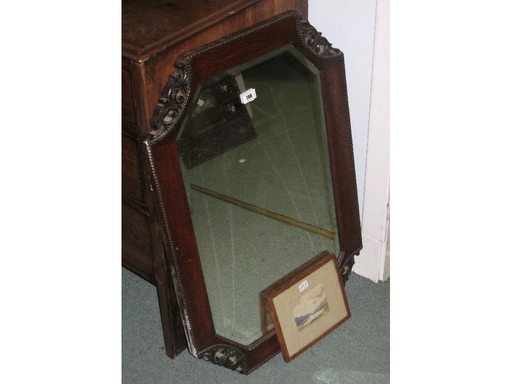 Appraisal: Lot comprising oak framed wall mirror and a small watercolour