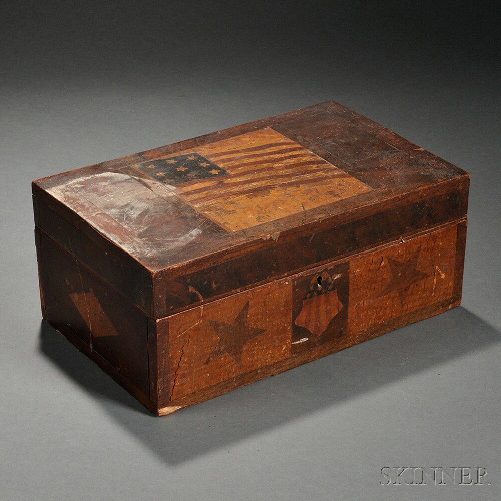 Appraisal: Patriotic Mahogany Veneer Inlaid Trinket Box America late th century