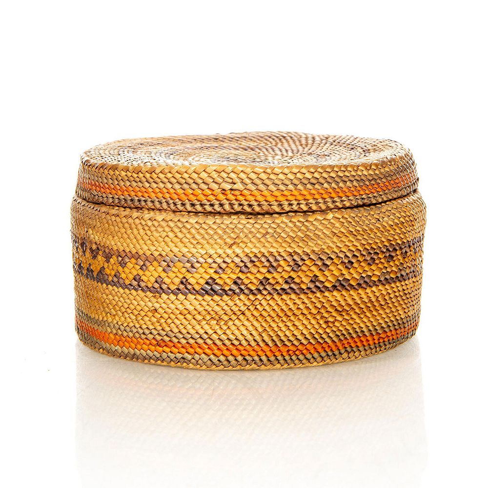 Appraisal: NATIVE AMERICAN TRIBAL WOVEN LIDDED BASKET Traditional design with profuse